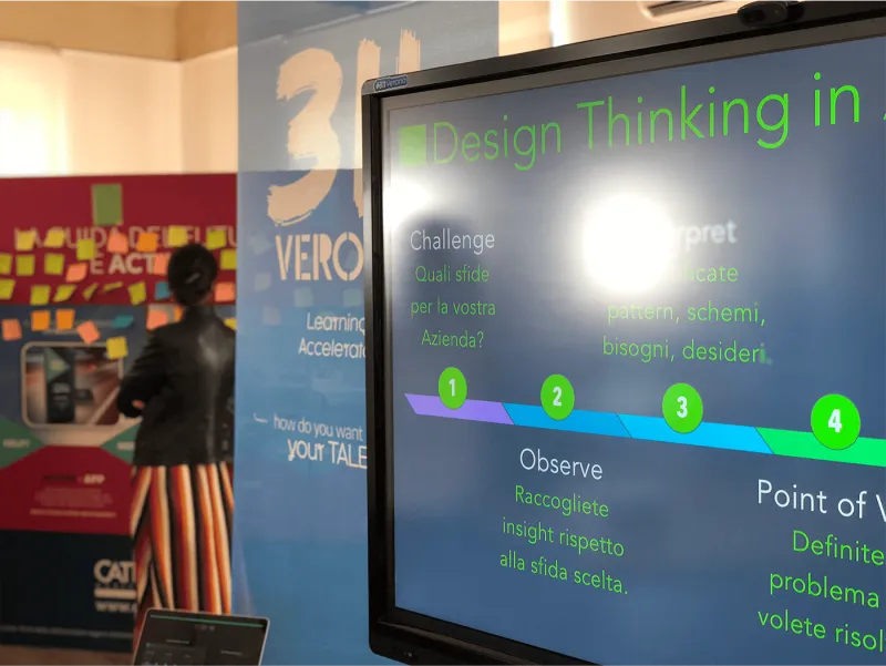 Team di una compagnia assicurativa al lavoro su nuove idee durante un workshop di Design Thinking